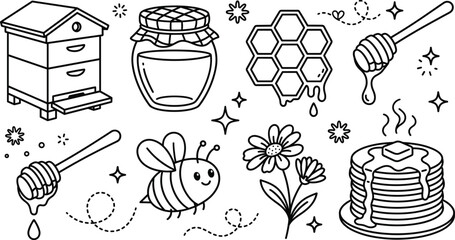 Honey and beekeeping icon set with beehive jar honeycomb cute bee and pancakes in doodle line art © Sabbir Studio