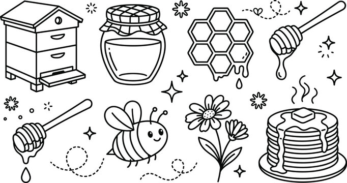 Honey and beekeeping icon set with beehive jar honeycomb cute bee and pancakes in doodle line art