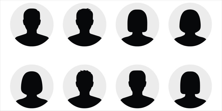 Eight Black Human Silhouettes Within Gray Circles On White Background head shoulder