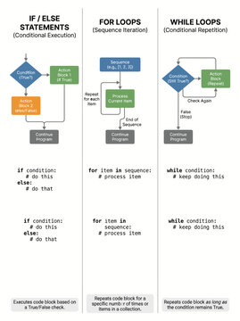 Colorful diagram illustrating fundamental programming control structures including if else statements loops and logic flow patterns