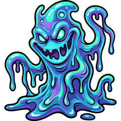 Fototapeta premium A colorful, cartoonish creature with a menacing face and gooey purple blue body drips and oozes across the surface.
