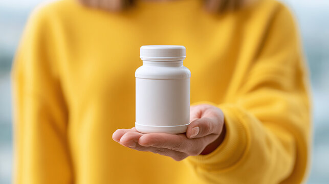 Woman holding white supplement bottle in hand, wearing bright yellow top, showcasing health and wellness concept with focus on nutrition