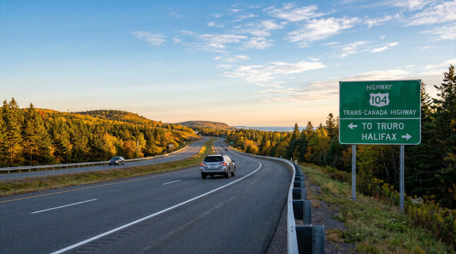 Trans-Canada Highway 104 Nova Scotia autumn landscape with road sign and car