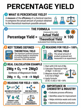 Educational infographic poster explaining the scientific concept of percentage yield in chemical reactions and processes