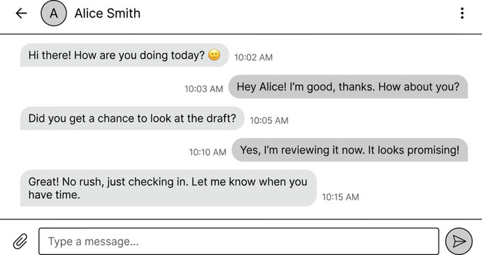 Smartphone shows a digital chat interface featuring a professional correspondence regarding drafts.