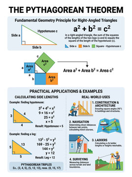 Educational infographic explaining the pythagorean theorem formula with colored geometric shapes and clear practical math examples