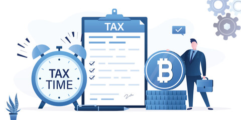 Businessman stands next to large tax form and giant bitcoin coin, while an alarm clock alerts to approaching tax deadline. Crypto asset financial reporting. Money management © naum