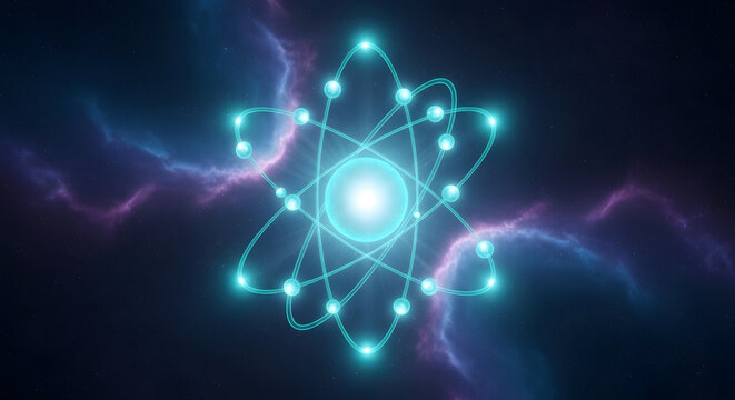 A glowing atom model with orbiting electrons against a dark nebula background in deep space