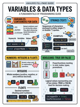 Educational infographic poster explaining programming variables and data types with colorful icons and clear text