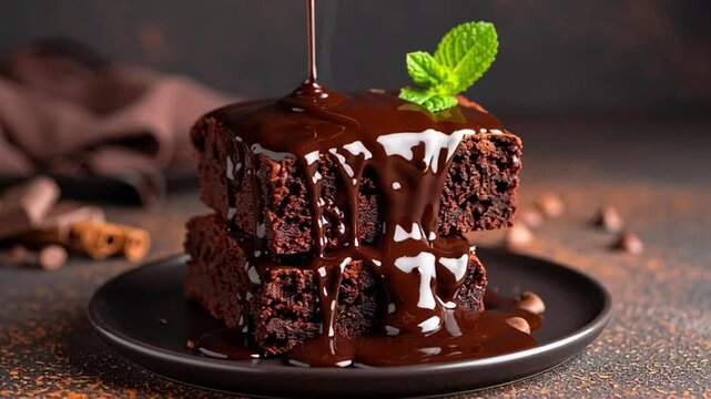 Pouring Melted Chocolate Sauce Over Stacked Fudge Brownies with Mint Garnish