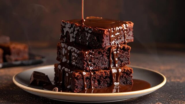 Melted chocolate sauce drizzling over a stack of homemade chocolate fudge brownies on a plate, showcasing a rich and decadent dessert.