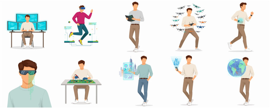 Flat vector illustration set of a young man using various modern technologies, virtual reality, drones, and digital interfaces for work and lifestyle