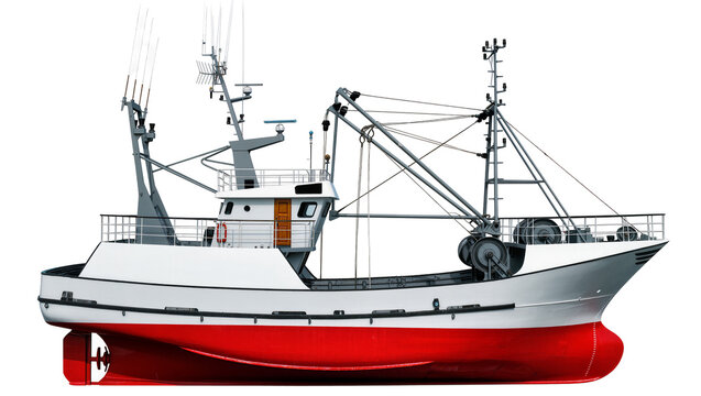 White and red fishing trawler vessel with cranes and radar