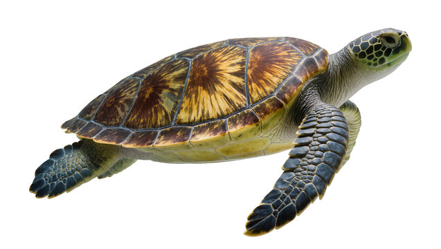 Green sea turtle swimming with patterned shell and flippers