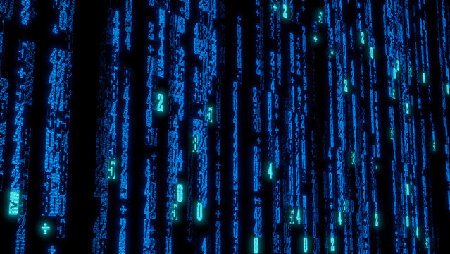 Dense Abstract Digital Display of Interwoven Blue Numbers and Symbols on Dark Background, Ideal for Technology, Data Visualization, and Innovative Design Applications