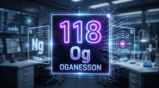 Oganesson element 118 digital display in scientific laboratory setting