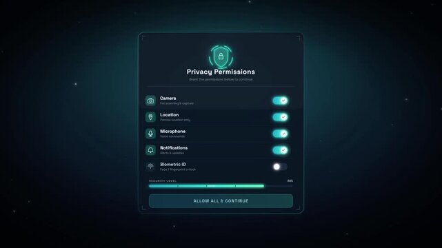 App privacy permission screen with security toggles and biometric access granted interface