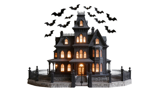 Victorian haunted mansion with bats flying around