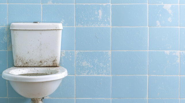 Dirty toilet in bathroom with blue tiles showing stains and grime, creating unclean atmosphere