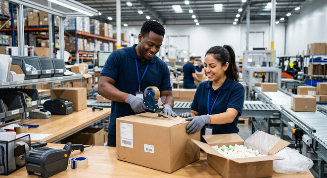 Diverse warehouse workers cooperating to pack cardboard boxes in fulfillment center.