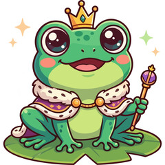 Fototapeta premium A smiling green frog king wearing a crown and cape sits on a leaf holding a scepter.