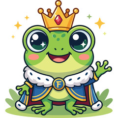 Obraz premium A smiling cartoon frog wearing a crown and royal attire waves happily outdoors.