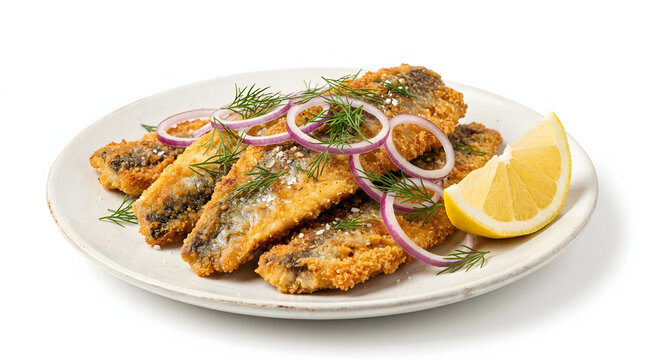 Crispy fried Swedish herring fillets with fresh dill, onion, and lemon wedge, eye-level angle on a white background