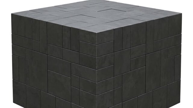 無重力空間で散乱した金属キューブが中心へ集縮し巨大なブロックへと結合する抽象CG背景