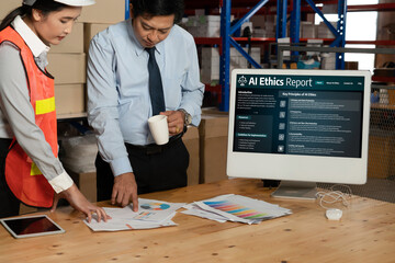 AI ethics responsibility standard law and rules on computer screen provide report of AI ethic...