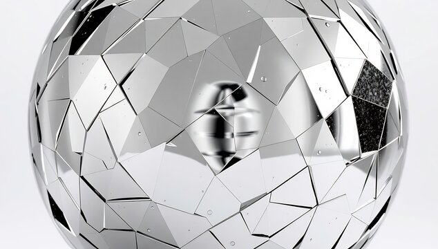A large silver disco ball with mirrored tiles on white background
