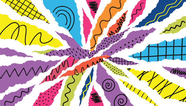 Colorful torn paper strips radiating from center with hand drawn doodle patterns. Abstract ripped paper collage with stripes, dots and grids, vibrant retro style vector background.
