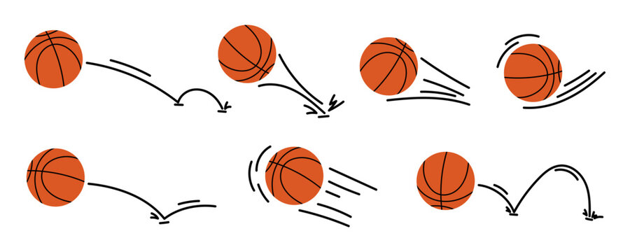 Basketball balls with flight paths, bounce trajectories and motion lines. Sports set for game graphics, infographics and basketball design projects.