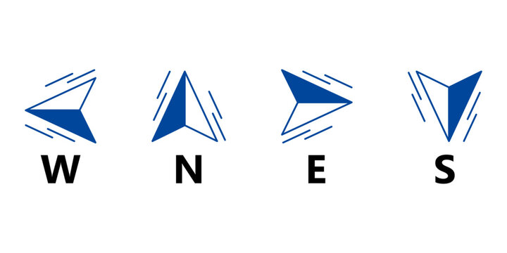 Set of directional arrow icons pointing up, down, left and right. Simple navigation symbols for user interfaces, mobile apps, websites, maps, infographics and wayfinding systems.