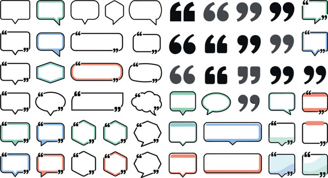 Speech Bubble and Quote Mark Icon Set with Blank Chat Box Frames and Discussion Symbols for UI Layouts, Apps, and Presentation DesignsSpeech Bubble and Quote Mark Icon Set with Blank Chat Box  