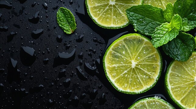 Sliced limes and fresh mint leaves on a wet black surface