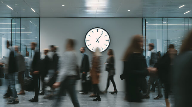 A crowd with a mix of individuals wandering past a massive, brightly lit clock in a contemporary office corridor on an ordinary workday