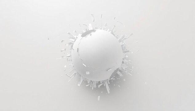 A white sphere with shattered glass pieces around it on a light gray background