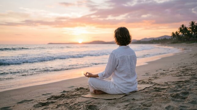 Serene mental health day woman meditating on beach at sunset for wellness and self care
