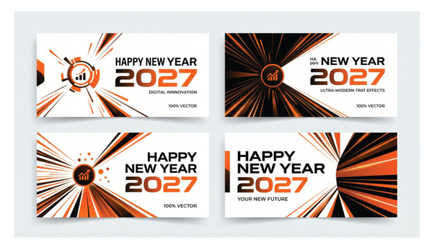 Collection of 2027 happy new year corporate templates featuring digital transformation charts and light speed motion lines modern graphic design corporate template transformation business