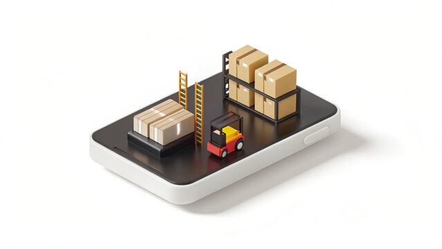 Logistics, delivery, and transportation icons, mobile phone vector graphic, cargo boxes, forklift
