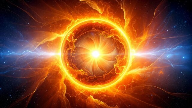 Glowing cosmic sphere radiating light in deep space, creating a powerful expanding vortex of power and bright stellar effects.