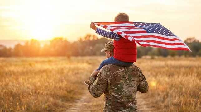 Man Carrying Child With American Flag In Golden Field