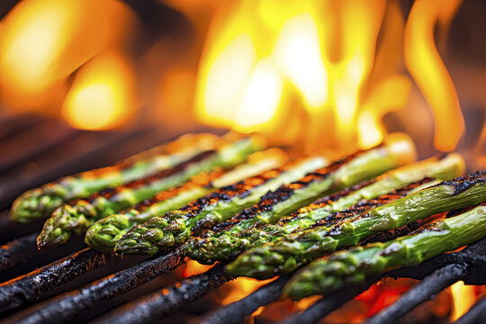 Juicy grilled asparagus spears sizzling on barbecue grill, surrounded by vibrant flames, creating delicious and smoky aroma