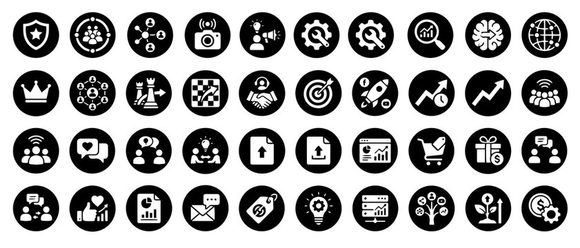 Extensive collection of circular business and marketing featuring white symbols on black backgrounds for digital interface