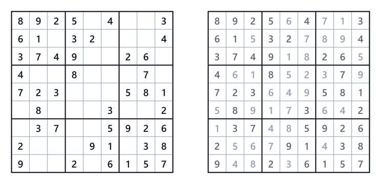 Sudoku easy level puzzle with incomplete and complete grids  