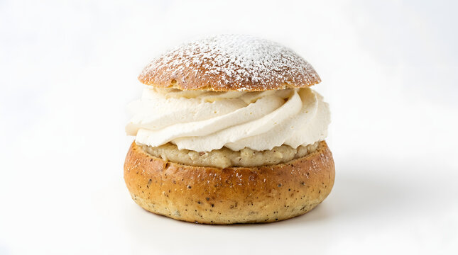 Traditional Swedish Semla bun filled with sweet almond paste and fluffy whipped cream, isolated on white background