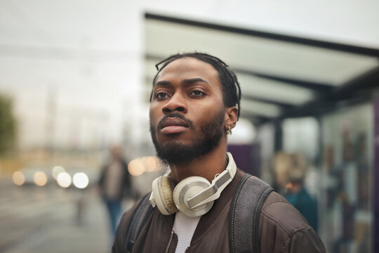 Pensive young man waiting for a bus in the city