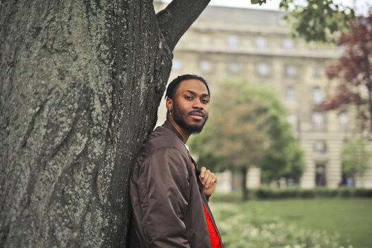 Stylish young Black man leaning against a tree in a park
