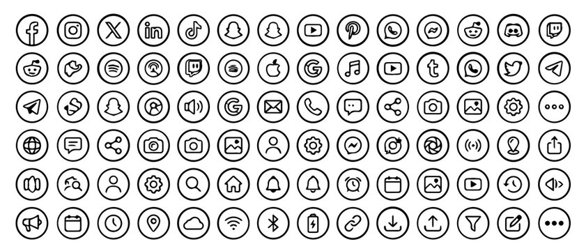 A comprehensive collection of black and white social media and web interface line arranged in a grid on a clean white background