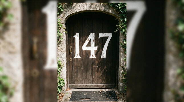 Rustic wooden door with house number 147 in stone archway with ivy vines